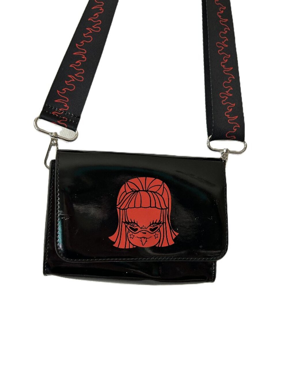 Valfre Faux Patent Leather Cross Body Bag Flame Strap Black Red